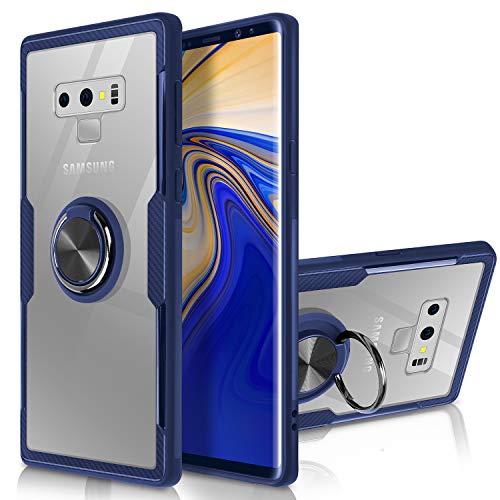 Product Cover Galaxy Note 9 Case,WATACHE Clear Crystal Carbon Fiber Design Armor Protective Case with Finger Ring Grip Holder Kickstand [Work with Magnetic Car Mount] for Samsung Galaxy Note 9,Clear/Blue Frame