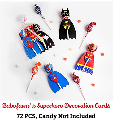 Product Cover 72 PCS Baiobfm's Superheroes Lollipop Decoration Cards, Paper Lollipop Candy Holder, Kids Superhero Party Supplies, Party Candy Decoration, Superboy Supergirl Batman (4 pages/superhero, 72 set/bag, Candy NOT Included)