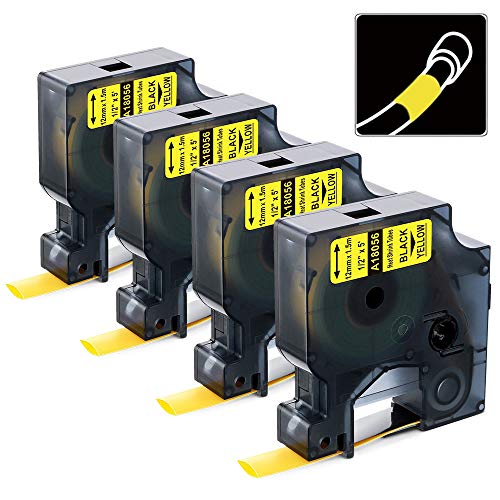 Product Cover 4-Pack Compatible Industrial Labels Replacement for DYMO 18056 Heat Shrink Tube Label for DYMO Rhino 4200, 5200, 5000, 6000 Industrial Label Maker, Black on Yellow, 1/2