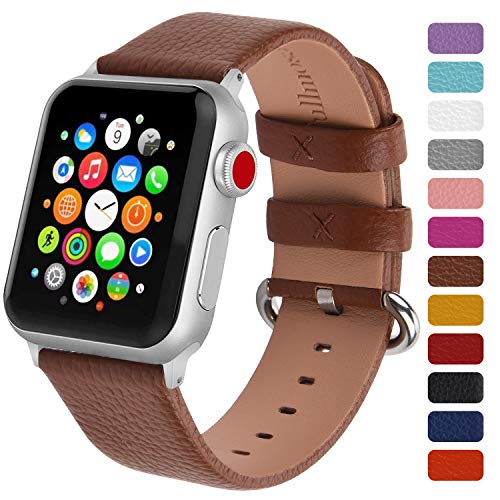 Product Cover Fullmosa Classic Litchi Leather Watch Band for Series 4/3/2/1, 12 Colors iWatch Band Women Men with Silver Buckle 38mm,Brown