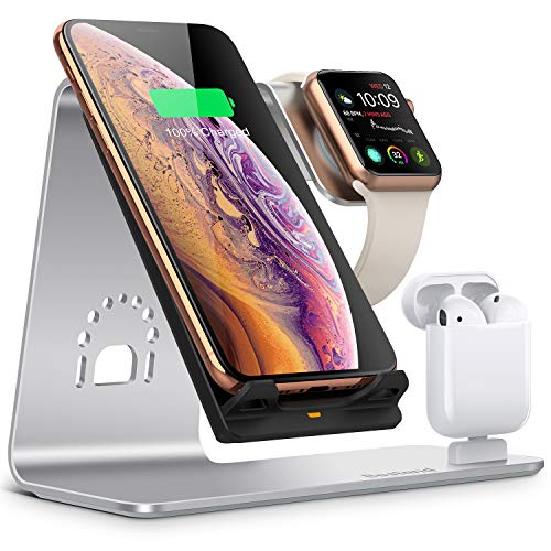 Product Cover Bestand Wireless Charger Stand, 3 in 1 Qi Fast Wireless Charger Dock Compatible with Airpods/iPhone X/Xs/Xs Max/XR/8 Plus/ 8/Samsung Galaxy S10/S9/S9+, Aluminum Stand for iWatch - Silver