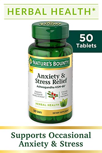 Product Cover Nature's Bounty Anxiety and Stress Relief, Contains Ashwagandha and L-Theanine for Occasional Anxiety and Stress*, 50 Tablets
