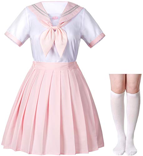 Product Cover Japanese School Girls JK Uniform Sailor White Pink Pleated Skirt Anime Cosplay Costumes with High Socks Set(SSF36) S(Tag M)