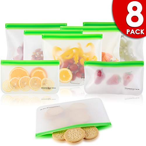 Product Cover Reusable Storage Bags (8 Pack) Silicone and Plastic Free Ziplock for Food, Lunch Sandwich | Small Kids Snack Size, Travel Baggies and More | Bag with Zipper and seal Lock Top Freezer Safe
