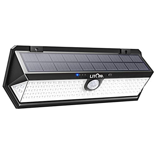 Product Cover LITOM Solar Motion Sensor Light, Large Size 122 LED Solar Lights with Front Button, Indicator Lights, 3 Modes and IP67 Waterproof Rating for Door, Garden, Deck, Porch