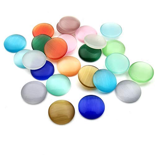 Product Cover 60pcs 12mm Mixed Candy Color Flatback Round Cat's Eye Stone Beads Cabochons DIY Opal Cabochon Beads for Jewelry Making Clay Findings M269
