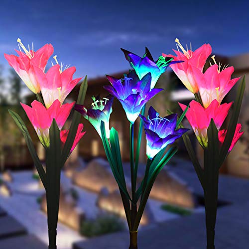Product Cover Outdoor Solar Garden Stake Lights, 3 Pack Solar Powered Flower Lights with 12 Lily Flower, Multi-Color Changing LED Solar Landscape Decorative Lights for Garden, Patio, Backyard(Solar Flower Lights)