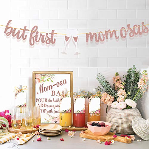 Product Cover MORDUN MOMosa Bar Sign Banner Tags - Rose Gold Decorations for Baby Shower Mom Birthday Mother's Day New Mum Brunch Dia de las Madres