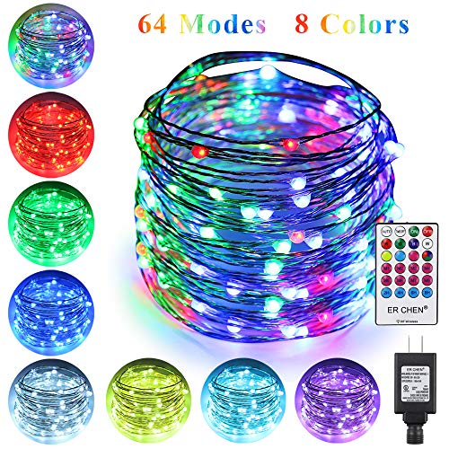 Product Cover ErChen 64 Modes 7 Colors + Multicolor LED String Lights, Plug in RF Remote 49 FT 150 Upgraded RGB LEDs Color Changing Silver Copper Wire Fairy Lights with Timer for Indoor Outdoor Christmas