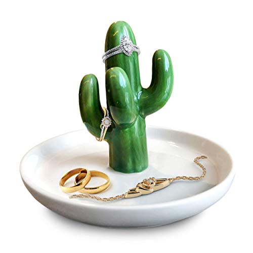 Product Cover Ceramic Cactus Ring Holder Green & White | Ring, Bracelet, Jewelry, Trinket Tray/Dish | Great for Wedding Ring, Earrings, Diamond Ring & Engagement Ring Holder | Office Desk & Home Decor/Accessories