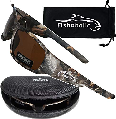 Product Cover Fishoholic Polarized Fishing Sunglasses (4 Color Options: GlossBlk/BlueMirror. Camo/Amber. Black/Amber. Blk/Blk) Free Hard Case & Pouch UV400 100% UV Sun Protection. Great Fishing Gift.