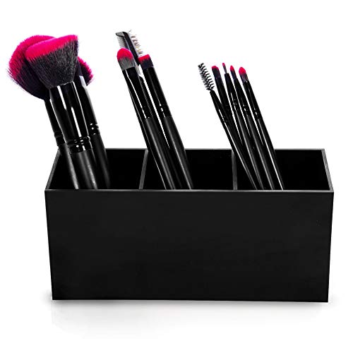 Product Cover Dseap Makeup Brush Holder Organizer - Acrylic, 3 Compartments - Make up Brushes Holder, Makeup Brush Cup Container Storage Case, Black
