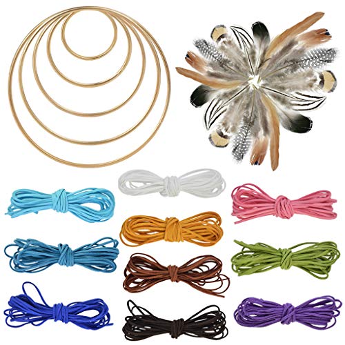 Product Cover Nydotd 125Pcs Dream Catcher Making Kit, 15 Pcs Metal Rings Hoops Macrame Ring in 5 Size Gold, 100pcs 6 Styled Feathers, 10 Pcs 3 mm Faux Suede Cord for Dream Catcher Crafts Birthday Party