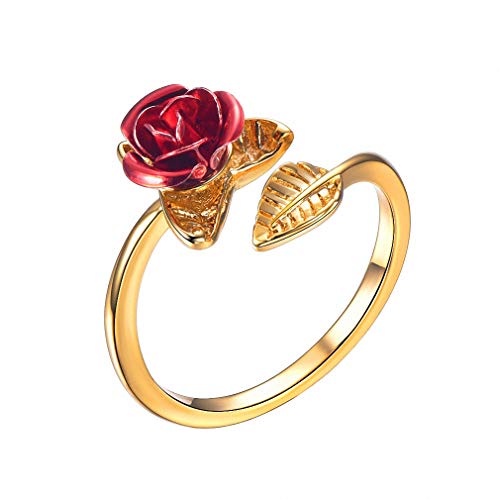 Product Cover Red Rose Garden Flower Leaves Resizable Finger Rings Women Resizable Open Ring Finger Rings