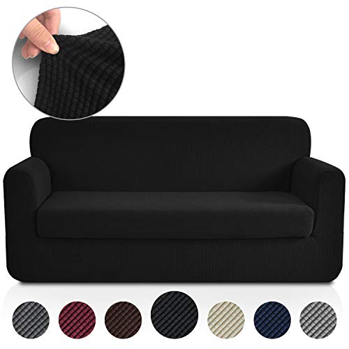 Product Cover Rose Home Fashion RHF Jacquard Stretch 2-Piece Sofa Cover, 2-Piece Slipcover for Leather Couch-Polyester Spandex Sofa Slipcover&Couch Cover for Dogs, 2-Piece Sofa Protector(Sofa: Black)