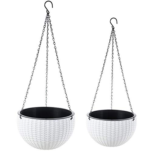 Product Cover Foraineam 2-Pack Dual-pots Design Hanging Basket Planters Self-Watering Indoor Outdoor Plant & Flower Hanging Pots with Drainer and Chain, 2 Size Assorted (White)