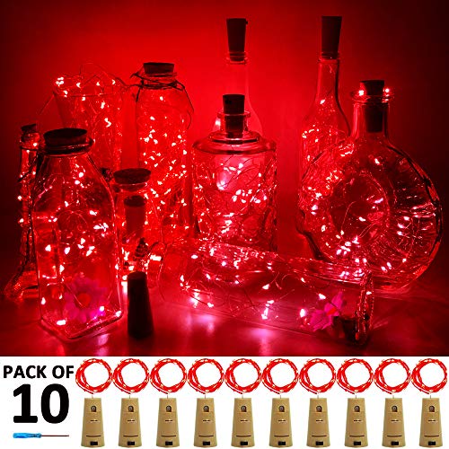 Product Cover 10 Pack Wine Bottle Lights Red Christmas Lights Battery Operated Valentine Lights Waterproof 3.3ft LED Cork Shape Silver Wire Fairy Lights for Jar Party Wedding Bar Valentine's Gift Decoration