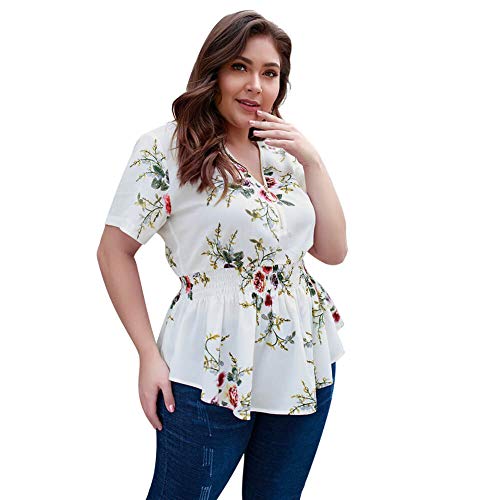 Product Cover Holagift Women's Plus Size Shirt Floral Print Short Sleeve Zipper V Neck Casual Blouse Top Shirts