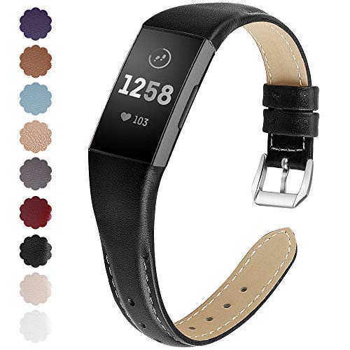 Product Cover NANW Bands Compatible with Fitbit Charge 3, Slim Genuine Leather Wristband Replacement Accessories Strap for Women Men Compatible with Fitbit Charge 3 / Charge 3 SE Small Large