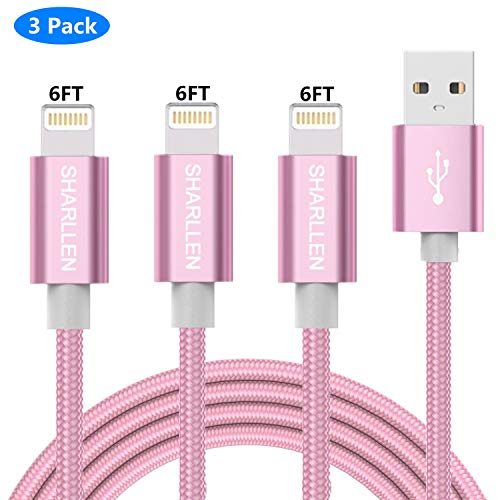 Product Cover iPhone Charging Cable,SHARLLEN 6/6/6FT MFi Certified Nylon Braided Lightning Cables Fast USB Charging&Syncing Cord Compatible iPhone Charger XS/Max/XR/X/8P/8/7/7P/6/iPad/iPod 3 Pack (Rose Gold 6FT)