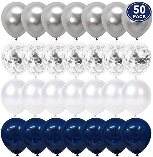 Product Cover Navy Blue and Silver Confetti Balloons 50 pcs, 12 inch White Pearl and Silver Metallic Chrome Party Balloons for 2019 Graduation Party Decorations