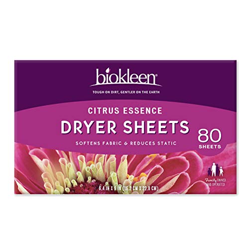 Product Cover Biokleen Laundry Dryer Sheets, Fabric Softener, Eco-Friendly, Non-Toxic, Plant-Based, No Artificial Fragrance, Colors or Preservatives, Citrus Essence, 80 Sheets