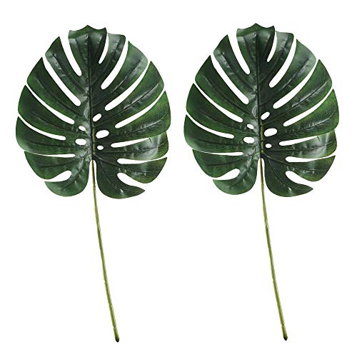 Product Cover HUAESIN Palm Leaves 2pcs Artificial Fuax Palm Leaves Decorations with Stems Monstera Leaves Tropical Plant for Birthday Jungle Beach Party Wedding Hawaiian Green