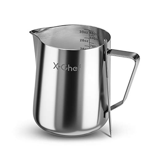 Product Cover X-Chef Espresso Pitcher 30oz/900ml, 304 Stainless Steel Milk Frothing Steaming Pitcher with Latte Art Pen for Coffee Latte Cappuccino