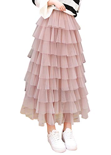 Product Cover Itemnew Women's Sweet Elastic Waist Tulle Layered Ruffles Mesh Long Tiered Skirt