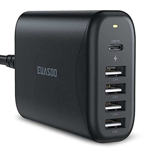 Product Cover USB C Wall Charger, EUASOO Multi-Port Desktop Charger, 60W 5-Port Charging Station with one 45W PD 3.0 Port for Nintendo Switch,MacBook Air 2019, iPad Pro 2019, iPhone Xs/Max/XR/X/8, S10/S9,and More