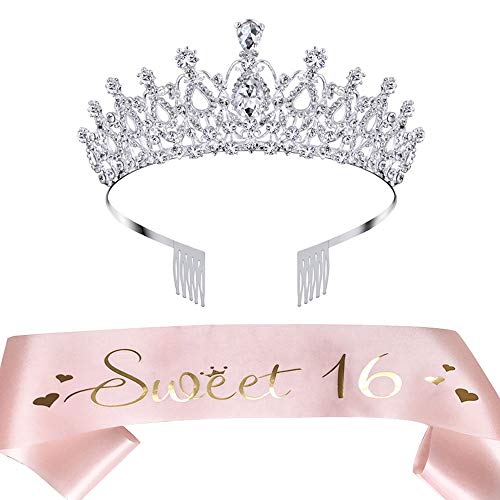 Product Cover LAUMAY 16th Birthday Sash and Tiara Kit, Sweet Sixteen Birthday Gifts for Girls Party Supplies Favors Decorations (Pink)
