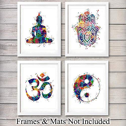 Product Cover Meditation Zen Wall Art Prints - Unframed Set Of 4 - Buddha, Yin Yang, Om And Hamsa Fatima Hand - Chic Home Decor - Great Gift For Yoga Fans - Ready Frame (8x10) Watercolor Photos