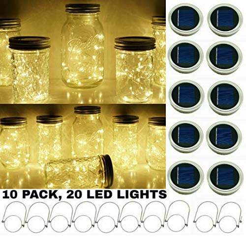 Product Cover Upgraded Solar Mason Jar String Light Lids, 10 Pack 20 LED Fairy Firefly String Light Inserts with 10 Hangers Starry Lighting, Waterproof and Rust Resist for Patio Lawn Garden Wedding (Warm White)
