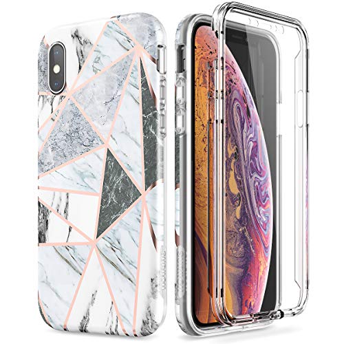 Product Cover SURITCH Marble iPhone Xs Case/iPhone X Case, [Built-in Screen Protector] Full-Body Protection Hard PC Bumper + Glossy Soft TPU Rubber Gel Shockproof Cover Compatible with Apple X/Xs-Gray/White