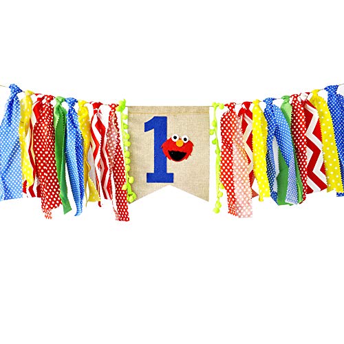 Product Cover Ecore Fun First Birthday Party Decoration Supply Burlap High Chair Banner Bunting for Baby Boy - Elmo Theme