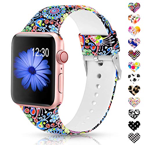 Product Cover Sunnywoo Floral Bands Compatible with Apple Watch Band 38mm/40mm/42mm/44mm, Soft Silicone Fadeless Pattern Printed Replacement Sport Bands for iWacth Series 4/3/2/1, S/M M/L for Women/Men
