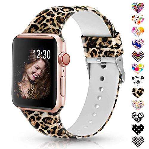 Product Cover Sunnywoo Leopard Bands Compatible with Apple Watch Band 38mm/40mm/42mm/44mm, Soft Silicone Fadeless Pattern Printed Replacement Sport Bands for iWacth Series 4/3/2/1, S/M M/L for Women/Men