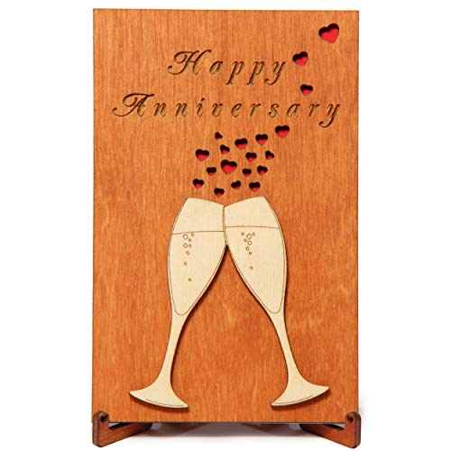 Product Cover Happy Anniversary Real Wood Greeting Card with Stand best Handmade Wooden Wedding Anniversary Gift cute Present for Husband Him Men Dad Boyfriend or Wife Her Women Mom Girlfriend and Parents or Couple
