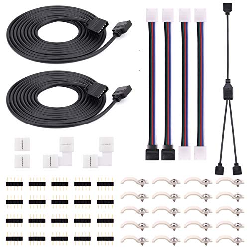 Product Cover 5Pin 10MM LED Strip Connector Kit with 2 Way RGBW Splitter Cable, 6.6ft RGBW Extension Cable, Strip to RGBW Controller Jumper, LED strip to strip Jumper, L Shape Connectors, Gapless Connectors