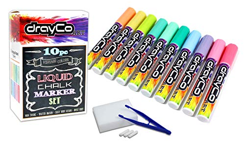 Product Cover DRAYCO Art 10pc Liquid Chalk Markers Set | Vintage Pastel Colors | 5mm Reversible Bullet or Chisel Tips | For Whiteboard, Chalkboard Signs, Menu Boards, Windows | Erasable Non-Toxic Water-Based Pens