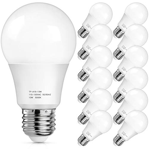 Product Cover A19 LED Light Bulbs 1500 Lumens, 100-125 Watt Equivalent LED Bulbs, 5000K Daylight White 13-Watt, Standard E26 Medium Screw Base, Non-Dimmable, No Flicker, Pack of 12