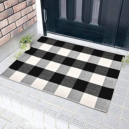 Product Cover Area Rug Black White and Gray Classic Plaid Runner Rugs Hand Woven Stain Resistant Collection Area Rug Indoor Outdoor Floor Mat for Kitchen Entryway Laundry Bedroom Bathroom Sitting Room Carpet