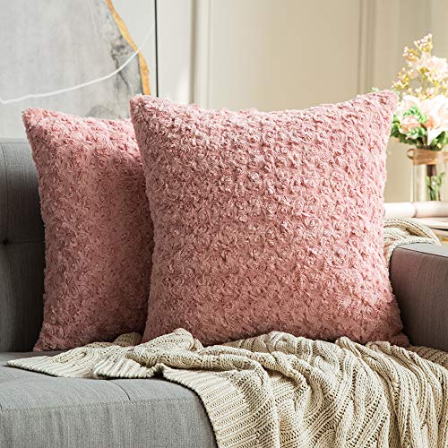 Product Cover MIULEE Pack of 2 Decorative Throw Pillow Covers Luxury Faux Fuzzy Fur Super Soft Cushion Pillow Case Decor Rose Pink Cases for Couch Sofa Bedroom Car 18 x 18 Inch 45 x 45 cm
