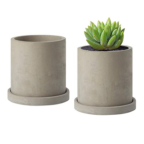 Product Cover MoonLa 4-Inch Gray Unglazed Cement Succulent Planter Pots Concrete Cactus Planter Mini Plant Pot Flower Pots with Drainage Hole and Removable Saucer, Set of 2