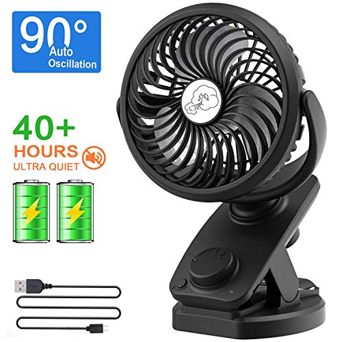 Product Cover NANW Stroller Fan Clip on Battery Operated Fans, 2019 Newest 40 Hours Rechargeable Portable Clip Desk Fan, Personal Mini Table Auto Oscillating Fan for Baby Stroller Outdoor/Indoor Car Travel Office