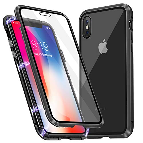 Product Cover Misscase iPhone Xs Case, iPhone X Case, Ultra-Thin Magnetic Adsorption Case Front and Back Tempered Glass Full Screen Coverage One-Piece Design Flip Cover for Apple iPhone X/Xs (Clear Black)