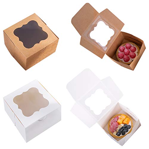 Product Cover 25 Pack White Bakery Box with Window 4x4x2.5 inch Eco-Friendly Paper Board Cardboard Gift Packaging Boxes for Pastries, Cookies, Small Cakes, Pie, Cupcakes (White, 25)