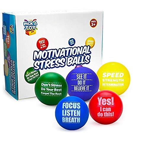 Product Cover Pick A Toy Motivational Stress Balls for Kids and Adults (5-Pack) Promote Anxiety and Stress Relief | Motivate and Inspire Students, Staff, Teams | Squishy, Assorted Colors