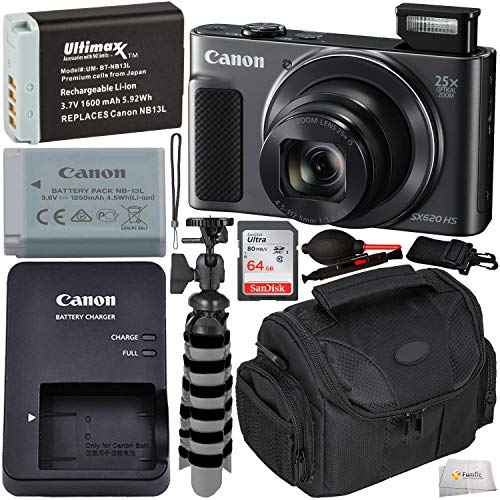 Product Cover Canon PowerShot SX620 HS Digital Camera (Black) with Starter Accessory Bundle - Includes: Spare Extended Life Battery, SanDisk 64GB SDXC Memory Card, Carrying Case, Flexible Gripster Tripod & More
