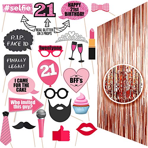 Product Cover 21st Birthday Photo Props | 21 Birthday Party Supplies | 21 Photo Booth | Finally Legal 21 | Backdrop Props or Photos 21st Bday Decorations | Party Ideas Decor 21st Rose Gold Photo Props Real Glitter